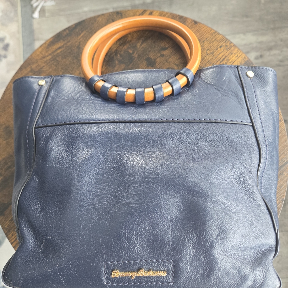 Tommy Bahama Navy Blue Leather Tote Bag with Tan Handles